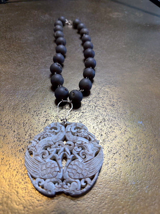 Hand-carved White Jade Pendant with Druze Agate Chain