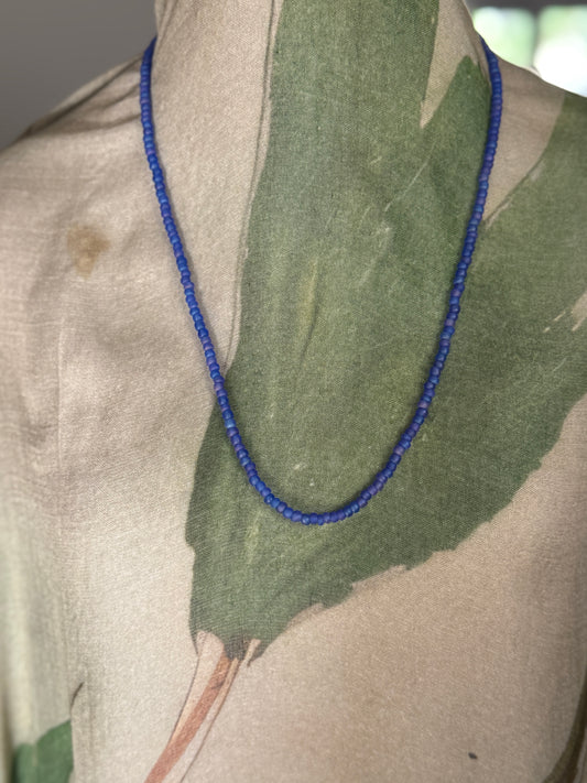 Deep Blue Glass Bead Necklace with Gold Accents