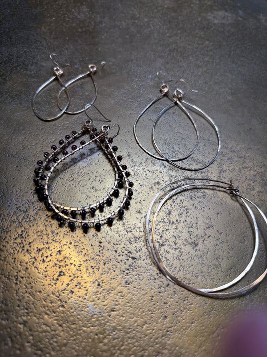 Hammered Gold Teardrop Hoop Earring with Garnet Bead Detail