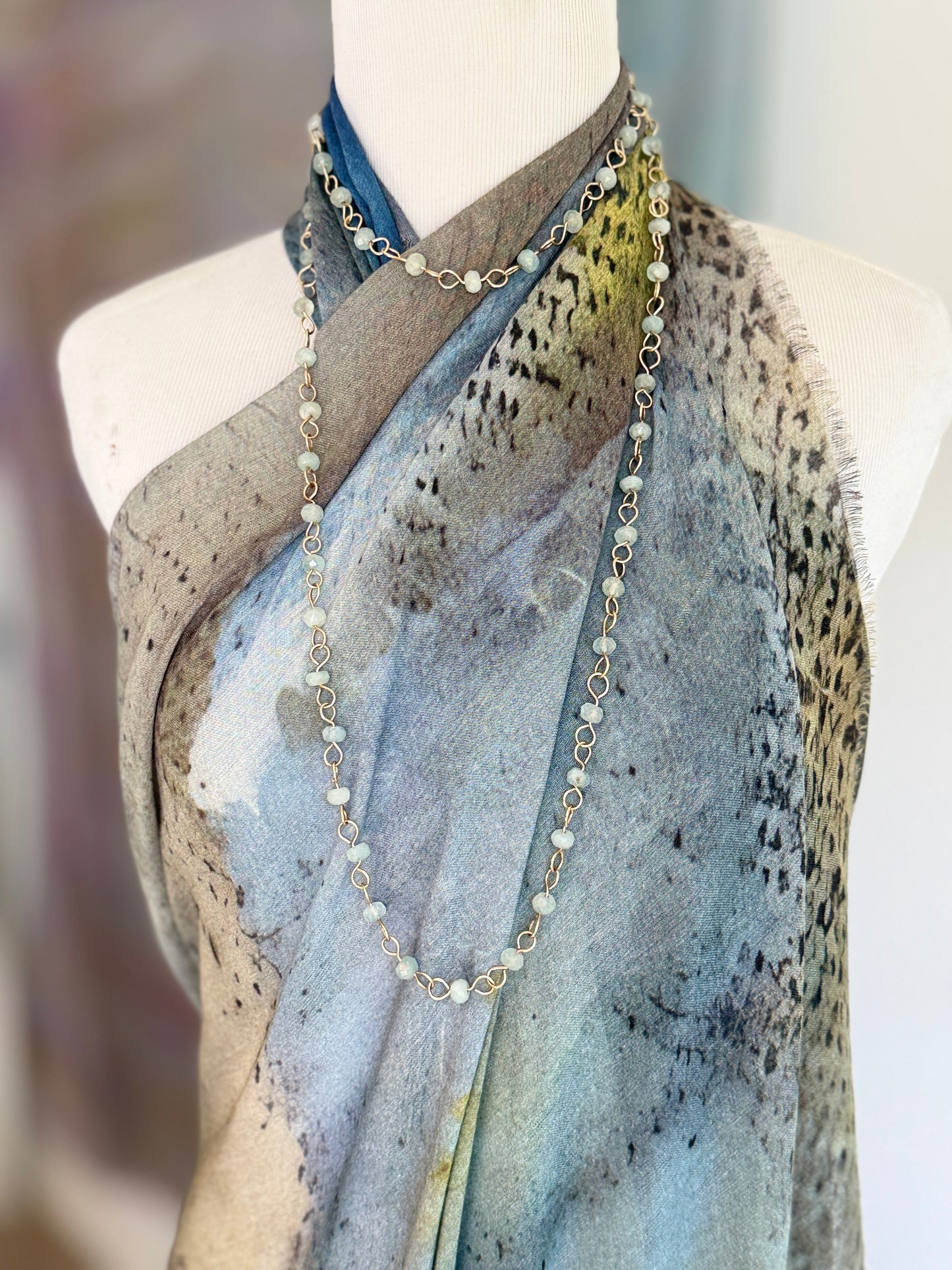 Long Aquamarine and Gold Chain Necklace